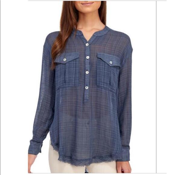 Free People $95 Gauze Blue Plaid Button-Up Womans Medium Shirt with Frayed Hem - Picture 2 of 9